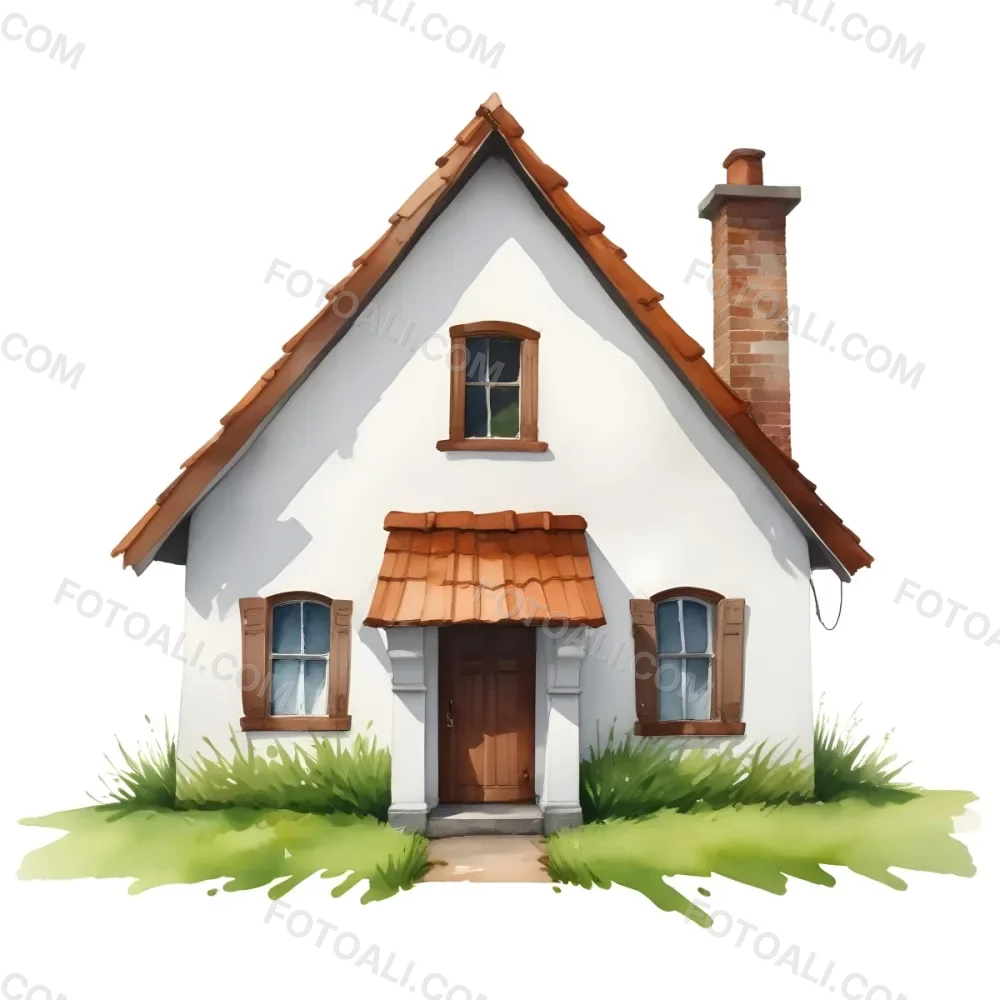 A Small White House With A Brown Roof And Chimney Surrounded By Green Grass On A White Background 9 61ce