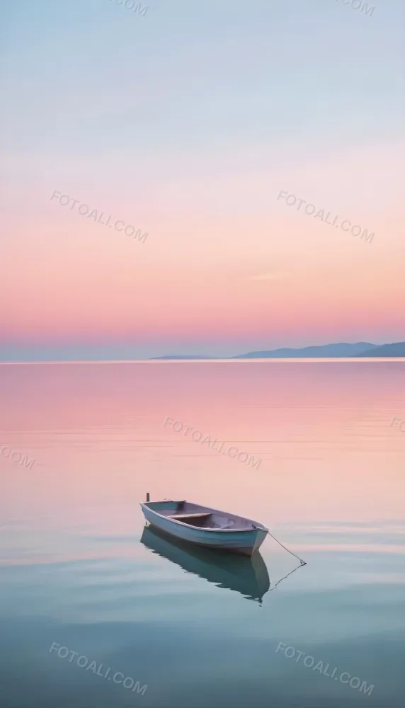 A Small Wooden Boat Floating On A Calm Reflective Lake At Sunset The Sky Is A Soft Pink And Purple Gradient Creating A Serene And Peaceful Atmosphere 1 0200