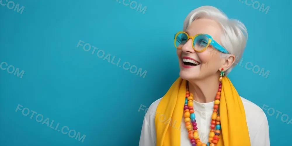 A Smiling Elderly Woman With Short Platinum Blonde Hair And Bright Yellow Oversized Glasses She Is Wearing A White Blouse And A Vibrant Blue Scarf Adorned With A Colorful Necklace Made Of Large Round Beads The Backgrou 1 4ffd