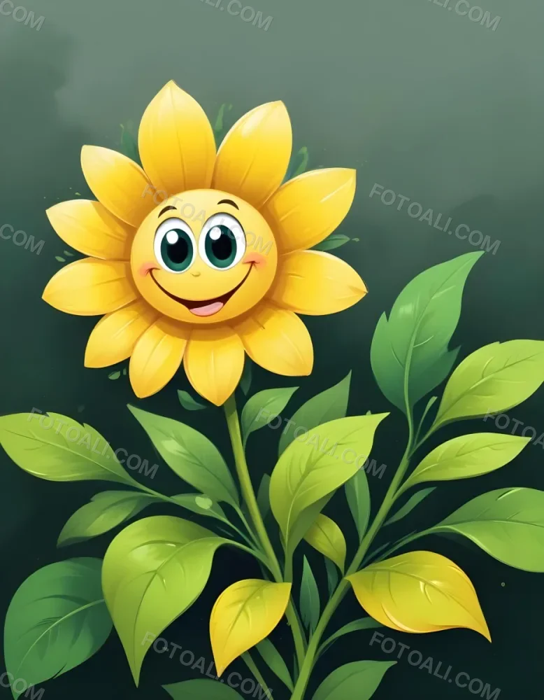 A Smiling Yellow Sunflower With A Happy Cartoon Face Surrounded By Green Leaves Against A Dark Background 1 996e