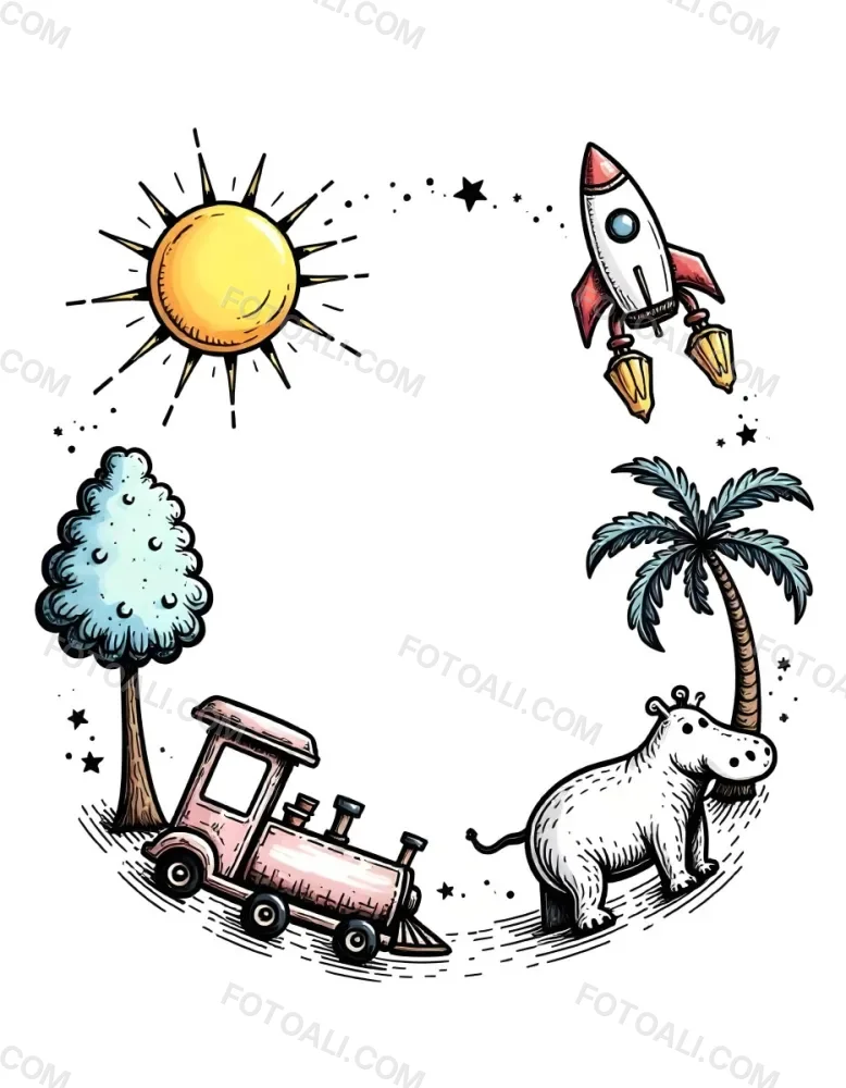 A Snail With A Blue Shell A Blue Hippo And A Rocket On A Wooden Fence With Flowers Trees And A Sun In The Background 59 8805