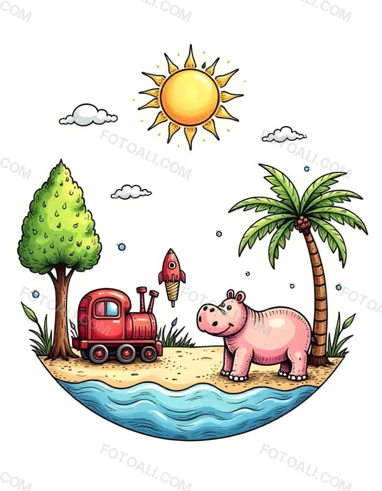 A Snail With A Blue Shell A Blue Hippo And A Rocket On A Wooden Fence With Flowers Trees And A Sun In The Background 62 200b