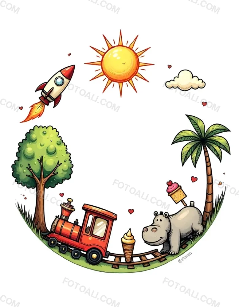 A Snail With A Blue Shell A Blue Hippo And A Rocket On A Wooden Fence With Flowers Trees And A Sun In The Background 74 Df8a