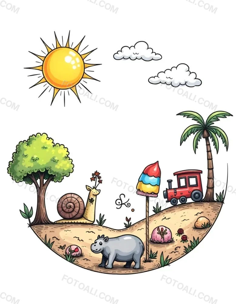 A Snail With A Blue Shell A Blue Hippo And A Rocket On A Wooden Fence With Flowers Trees And A Sun In The Background 85 0744