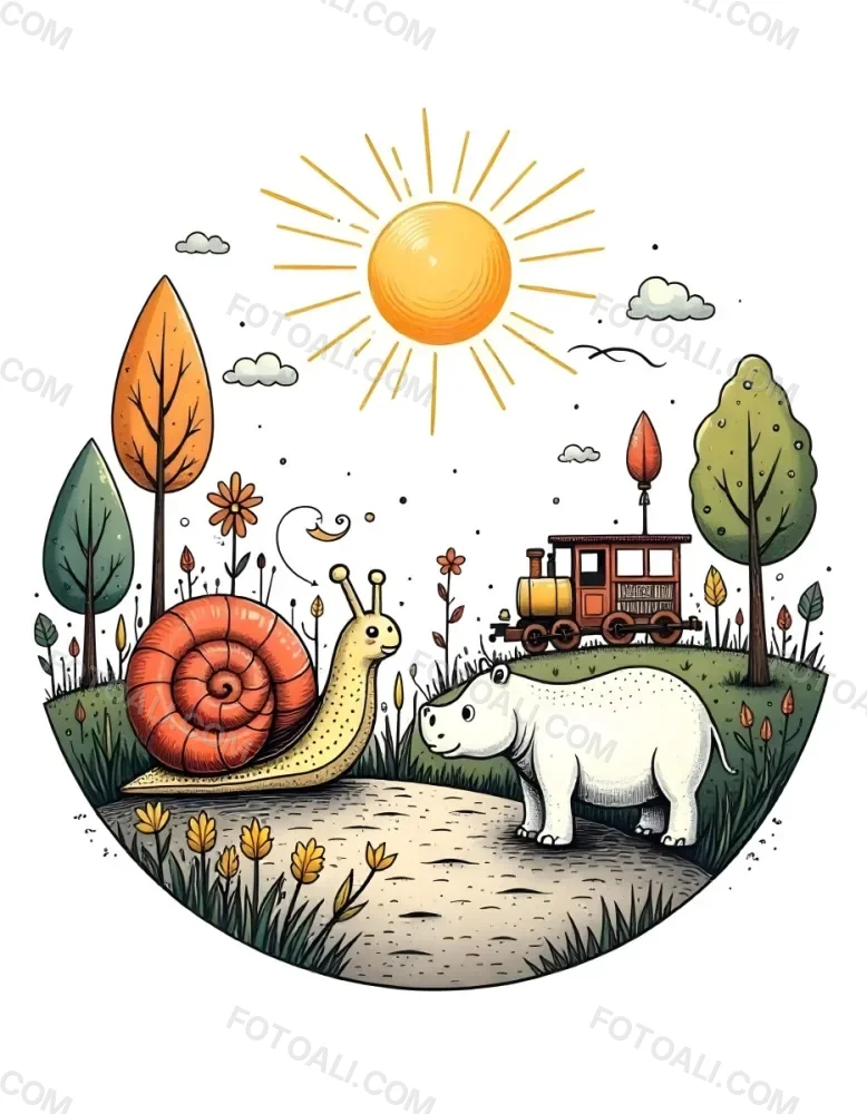 A Snail With A Blue Shell A Blue Hippo And A Rocket On A Wooden Fence With Flowers Trees And A Sun In The Background 95 0ee1