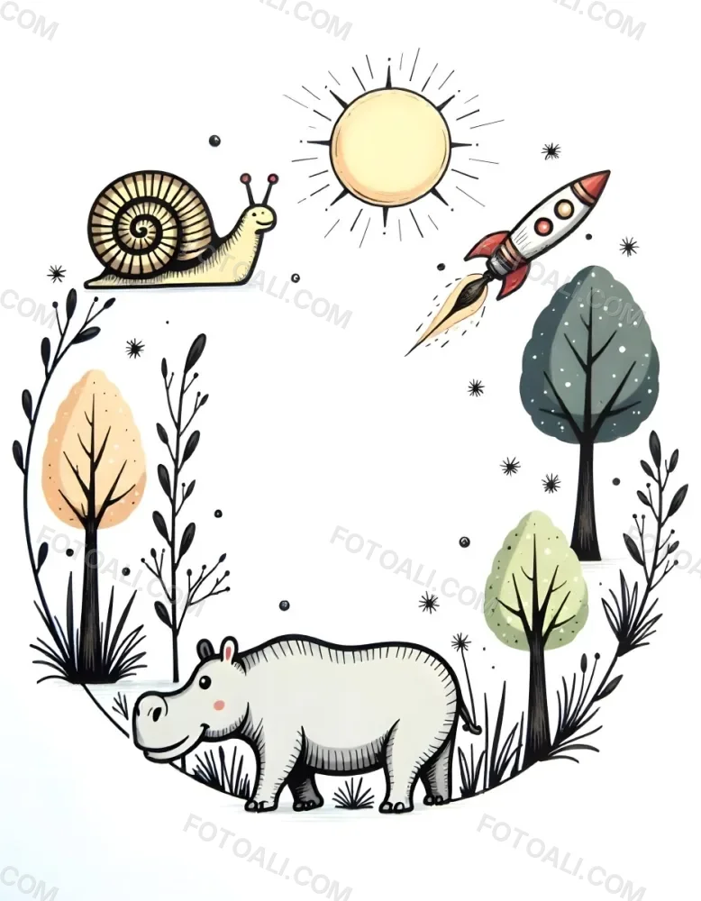 A Snail With A Blue Shell A Blue Hippo And A Rocket On A Wooden Fence With Flowers Trees And A Sun In The Background 96 0e6c