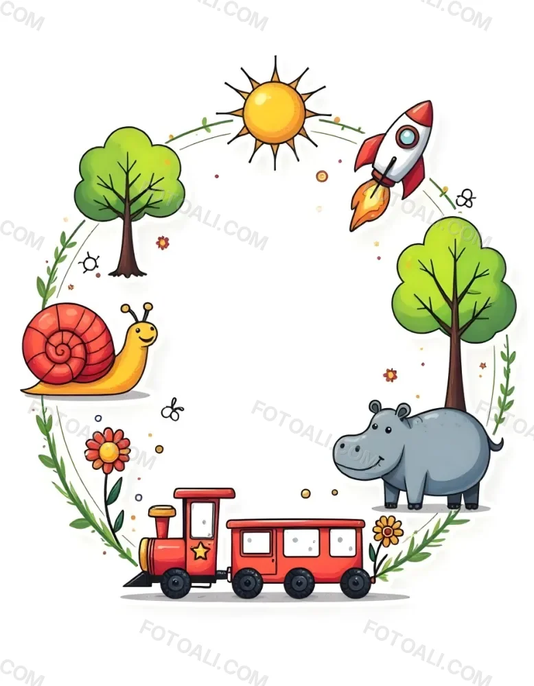A Snail With A Blue Shell A Blue Hippo And A Rocket On A Wooden Fence With Flowers Trees And A Sun In The Background 97 C298