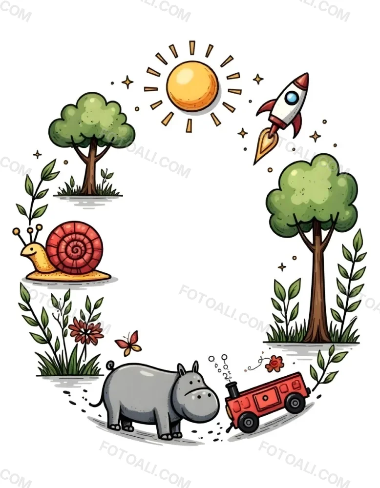 A Snail With A Blue Shell A Blue Hippo And A Rocket On A Wooden Fence With Flowers Trees And A Sun In The Background 98 96e1