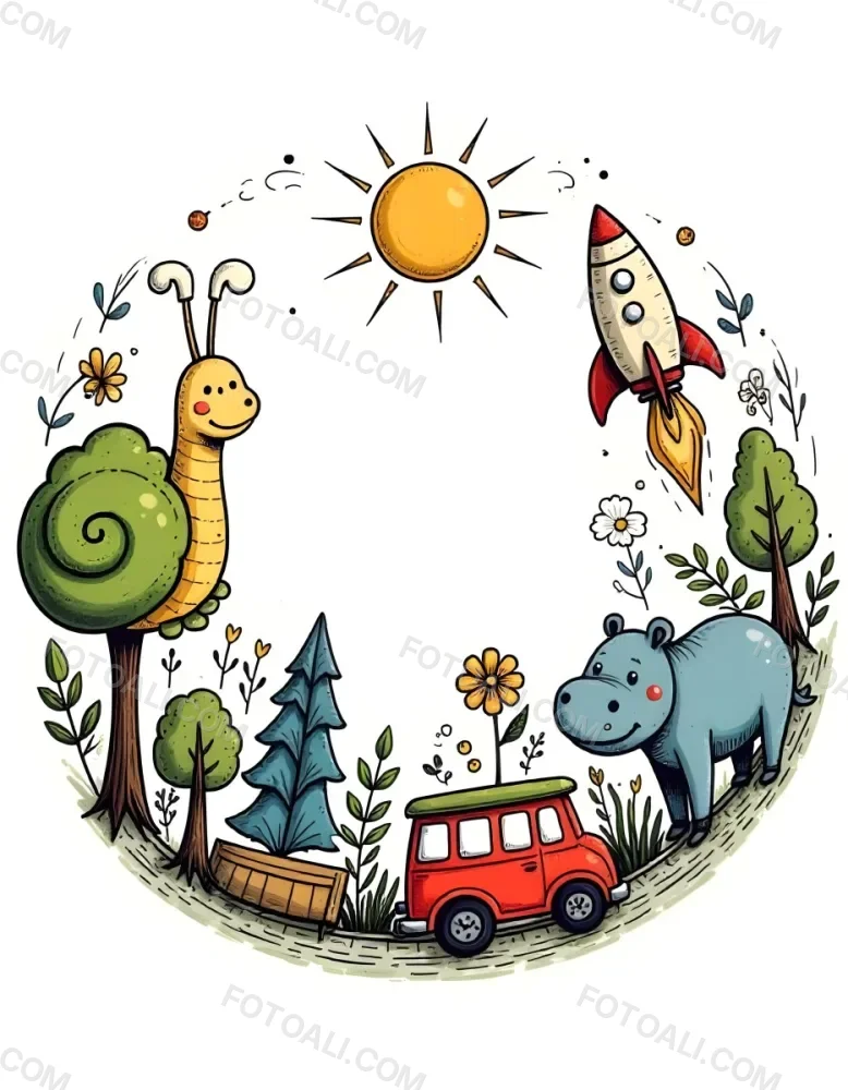 A Snail With A Blue Shell A Blue Hippo And A Rocket On A Wooden Fence With Flowers Trees And A Sun In The Background 99 Bd17