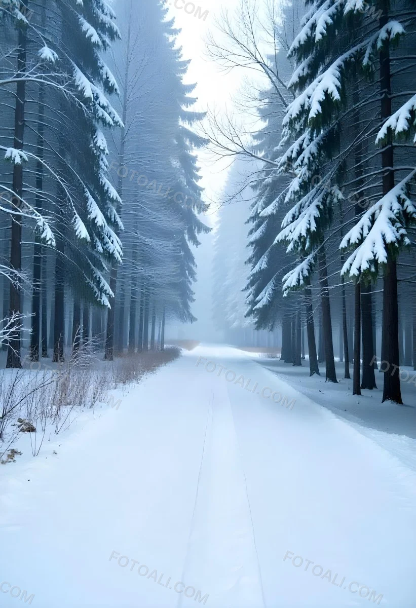 A Snowy Forest Path With Tall Pine Trees Covered In Snow On Both Sides Creating A Serene And Peaceful Winter Landscape 2 46f2