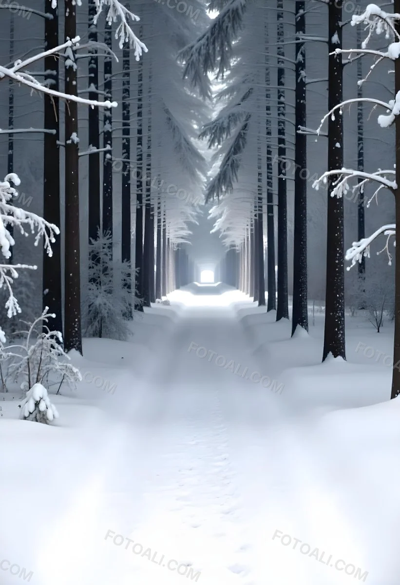 A Snowy Forest Path With Tall Pine Trees Covered In Snow On Both Sides Creating A Serene And Peaceful Winter Landscape 22 6b67