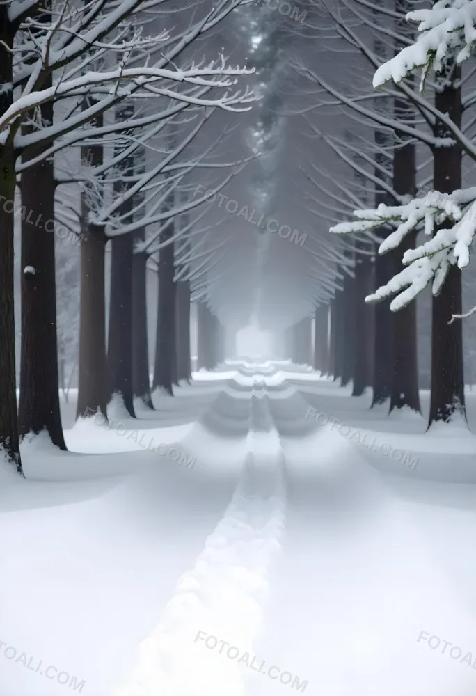 A Snowy Forest Path With Tall Pine Trees Covered In Snow On Both Sides Creating A Serene And Peaceful Winter Landscape 23 7244