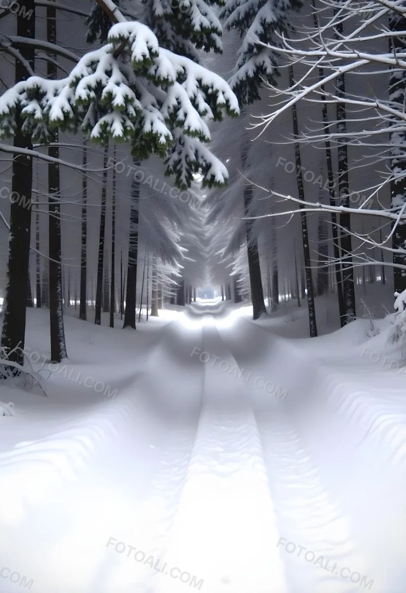 A Snowy Forest Path With Tall Pine Trees Covered In Snow On Both Sides Creating A Serene And Peaceful Winter Landscape 9 B850