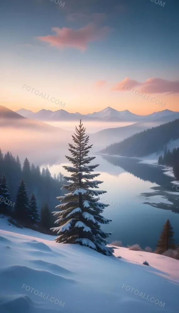 A Snowy Pine Tree Overlooking A Frozen Lake Surrounded By Mountains At Sunset The Lake Has A Calm Reflective Surface And The Mountains In The Background Are Partially Obscured By Mist The Sky Is Filled With Warm Pas 11 57e1