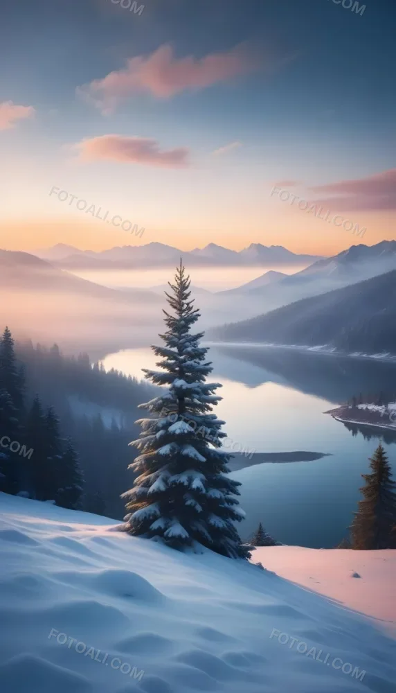 A Snowy Pine Tree Overlooking A Frozen Lake Surrounded By Mountains At Sunset The Lake Has A Calm Reflective Surface And The Mountains In The Background Are Partially Obscured By Mist The Sky Is Filled With Warm Pas 12 A835