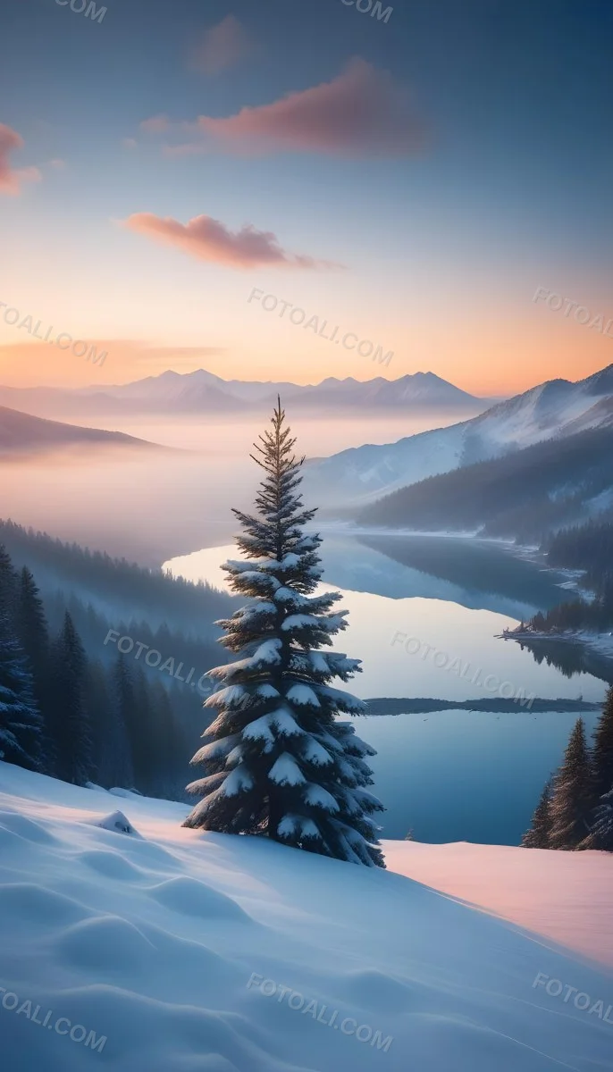 A Snowy Pine Tree Overlooking A Frozen Lake Surrounded By Mountains At Sunset The Lake Has A Calm Reflective Surface And The Mountains In The Background Are Partially Obscured By Mist The Sky Is Filled With Warm Pas 14 536f