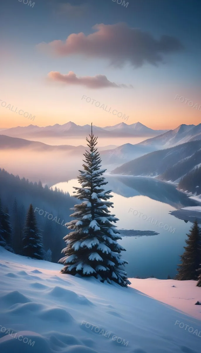 A Snowy Pine Tree Overlooking A Frozen Lake Surrounded By Mountains At Sunset The Lake Has A Calm Reflective Surface And The Mountains In The Background Are Partially Obscured By Mist The Sky Is Filled With Warm Pas 16 16c7