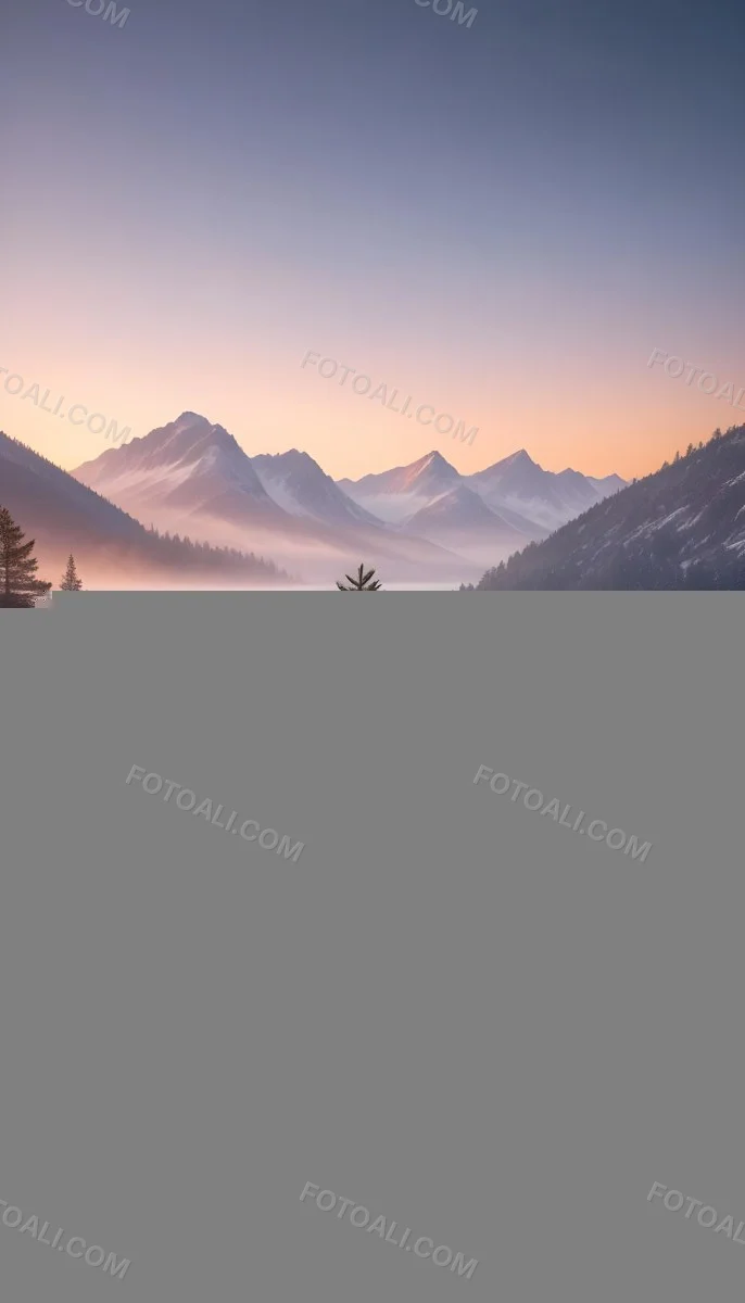A Snowy Pine Tree Overlooking A Frozen Lake Surrounded By Mountains At Sunset The Lake Has A Calm Reflective Surface And The Mountains In The Background Are Partially Obscured By Mist The Sky Is Filled With Warm Pas 18 8736