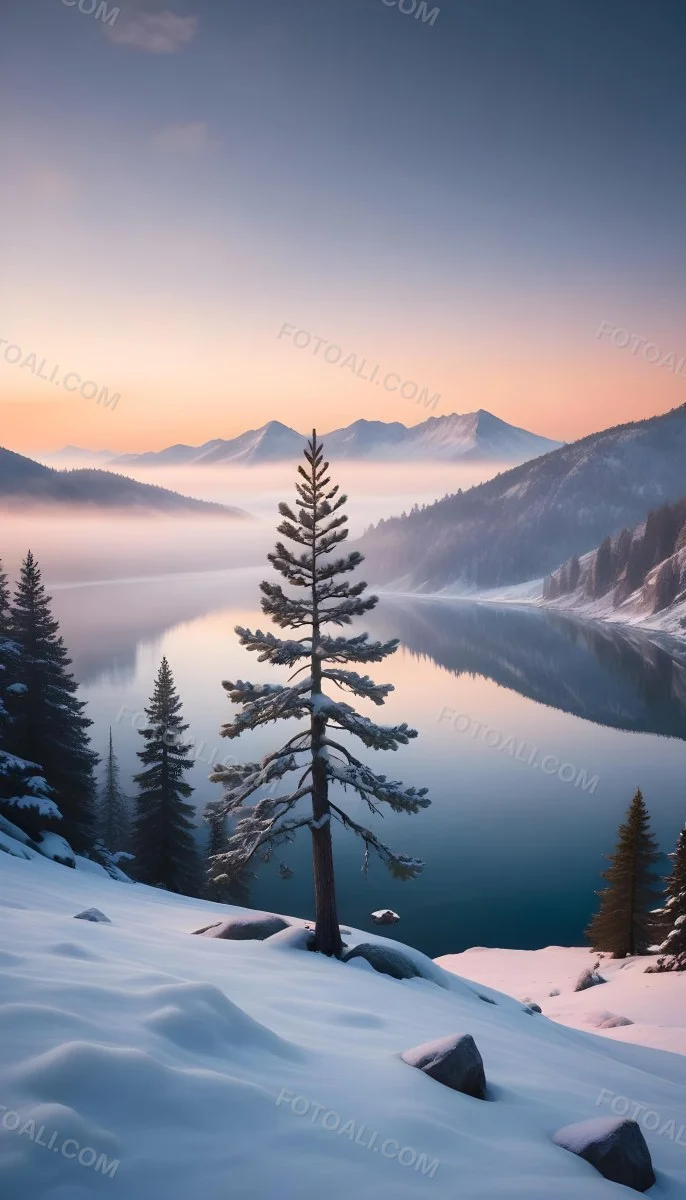 A Snowy Pine Tree Overlooking A Frozen Lake Surrounded By Mountains At Sunset The Lake Has A Calm Reflective Surface And The Mountains In The Background Are Partially Obscured By Mist The Sky Is Filled With Warm Pas 22 0d6a