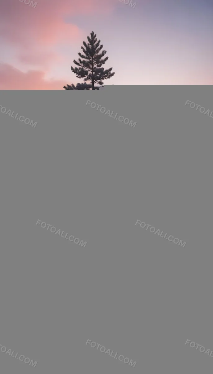 A Snowy Pine Tree Overlooking A Frozen Lake Surrounded By Mountains At Sunset The Lake Has A Calm Reflective Surface And The Mountains In The Background Are Partially Obscured By Mist The Sky Is Filled With Warm Pas 23 6f63