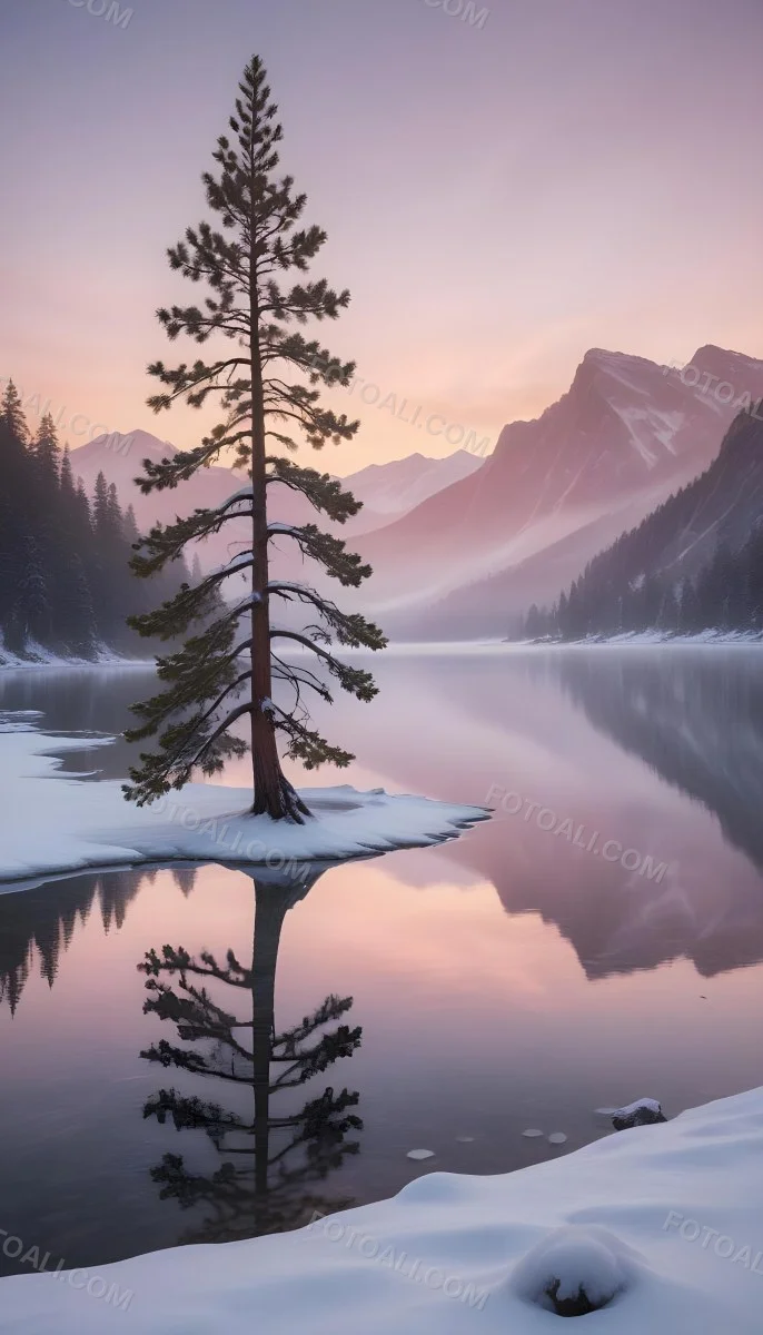 A Snowy Pine Tree Overlooking A Frozen Lake Surrounded By Mountains At Sunset The Lake Has A Calm Reflective Surface And The Mountains In The Background Are Partially Obscured By Mist The Sky Is Filled With Warm Pas 24 8a8f