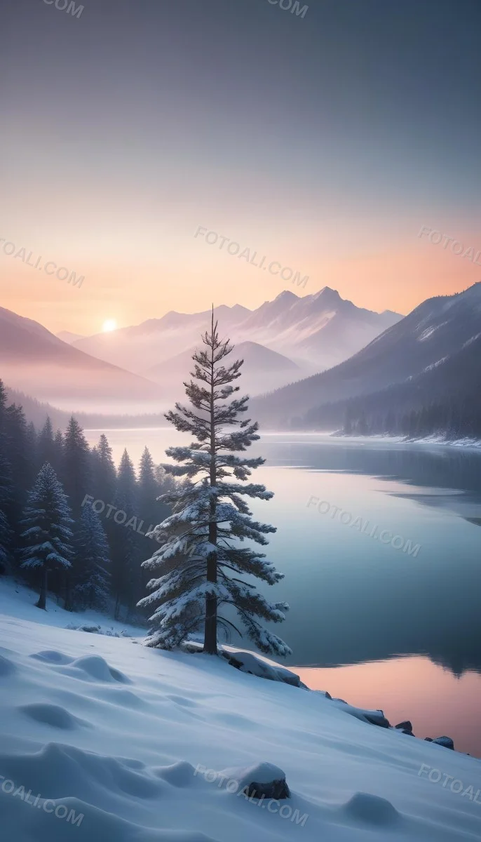A Snowy Pine Tree Overlooking A Frozen Lake Surrounded By Mountains At Sunset The Lake Has A Calm Reflective Surface And The Mountains In The Background Are Partially Obscured By Mist The Sky Is Filled With Warm Pas 4 6593