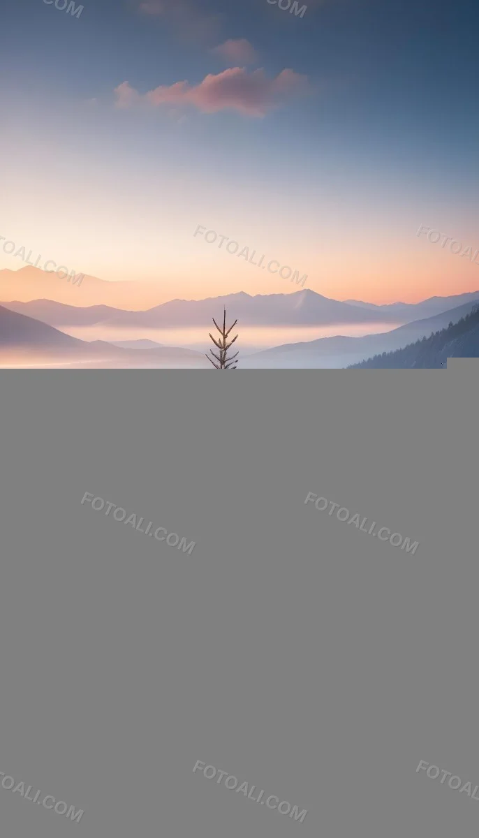 A Snowy Pine Tree Overlooking A Frozen Lake Surrounded By Mountains At Sunset The Lake Has A Calm Reflective Surface And The Mountains In The Background Are Partially Obscured By Mist The Sky Is Filled With Warm Pas 9 9950