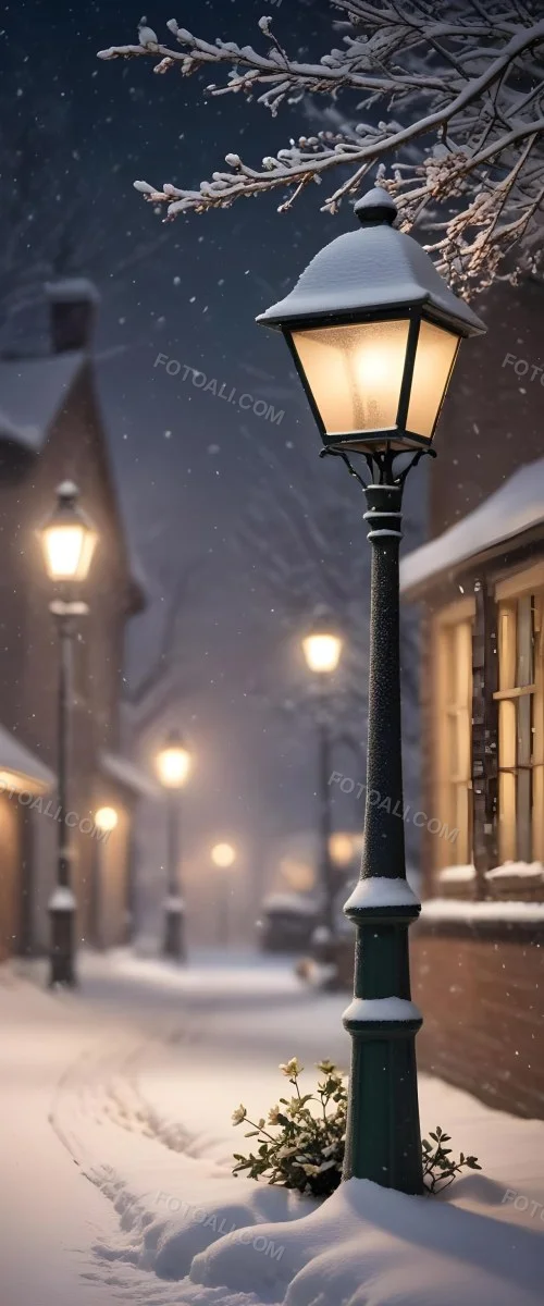 A Snowy Winter Night Scene With A Glowing Street Lamp And Small Flowers In The Foreground Featuring Soft Snowfall And A Quaint Village In The Background 10 9f4e