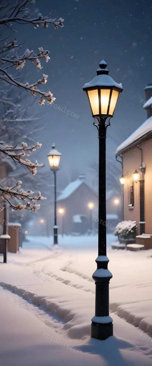 A Snowy Winter Night Scene With A Glowing Street Lamp And Small Flowers In The Foreground Featuring Soft Snowfall And A Quaint Village In The Background 11 4a49