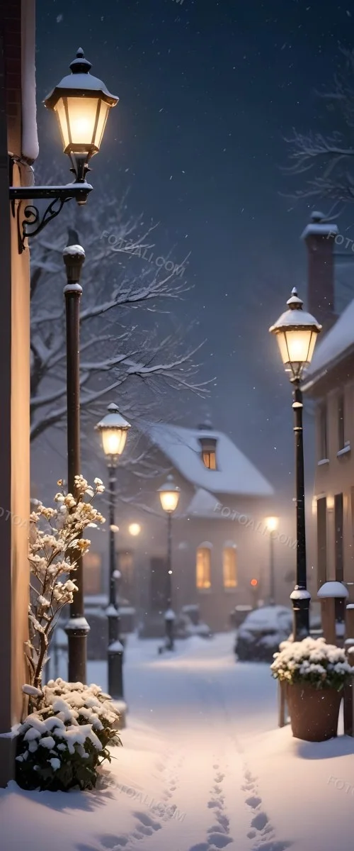 A Snowy Winter Night Scene With A Glowing Street Lamp And Small Flowers In The Foreground Featuring Soft Snowfall And A Quaint Village In The Background 12 C73f