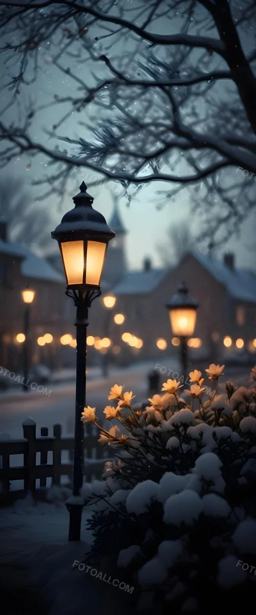 A Snowy Winter Night Scene With A Glowing Street Lamp And Small Flowers In The Foreground Featuring Soft Snowfall And A Quaint Village In The Background 14 Ee18