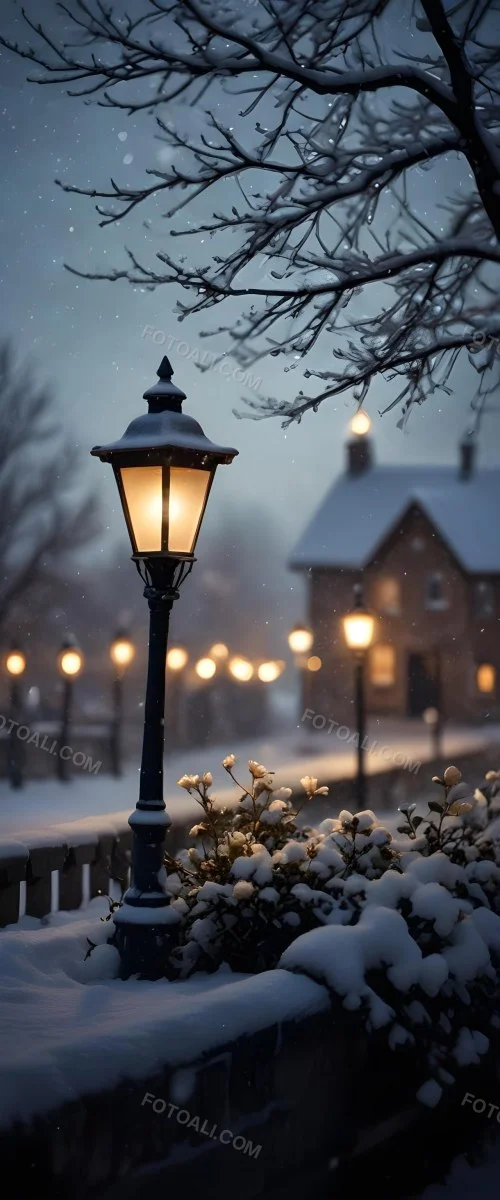 A Snowy Winter Night Scene With A Glowing Street Lamp And Small Flowers In The Foreground Featuring Soft Snowfall And A Quaint Village In The Background 15 70c1