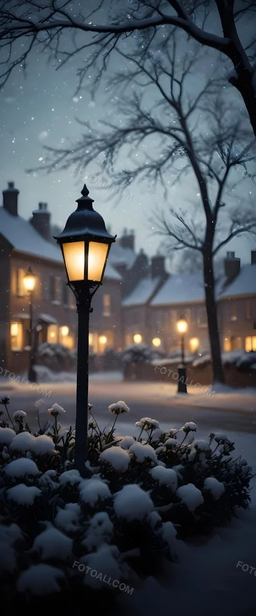 A Snowy Winter Night Scene With A Glowing Street Lamp And Small Flowers In The Foreground Featuring Soft Snowfall And A Quaint Village In The Background 16 0395