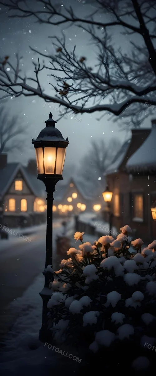 A Snowy Winter Night Scene With A Glowing Street Lamp And Small Flowers In The Foreground Featuring Soft Snowfall And A Quaint Village In The Background 18 B558