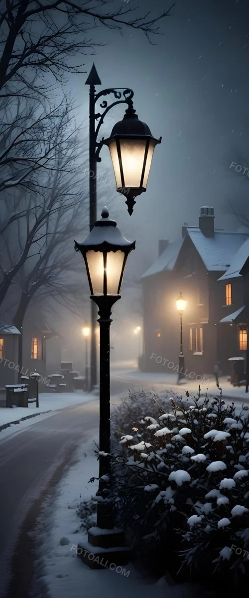 A Snowy Winter Night Scene With A Glowing Street Lamp And Small Flowers In The Foreground Featuring Soft Snowfall And A Quaint Village In The Background 2 6c1b