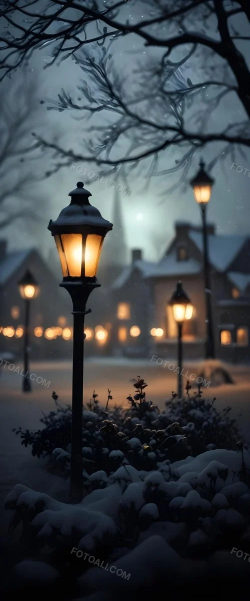 A Snowy Winter Night Scene With A Glowing Street Lamp And Small Flowers In The Foreground Featuring Soft Snowfall And A Quaint Village In The Background 3 5588