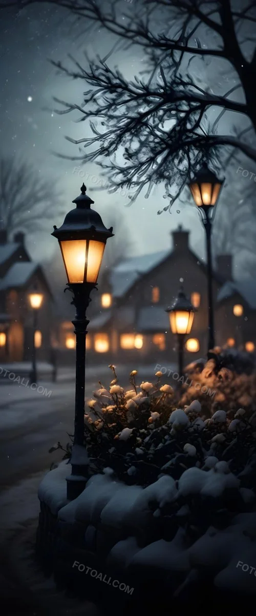 A Snowy Winter Night Scene With A Glowing Street Lamp And Small Flowers In The Foreground Featuring Soft Snowfall And A Quaint Village In The Background 4 544f