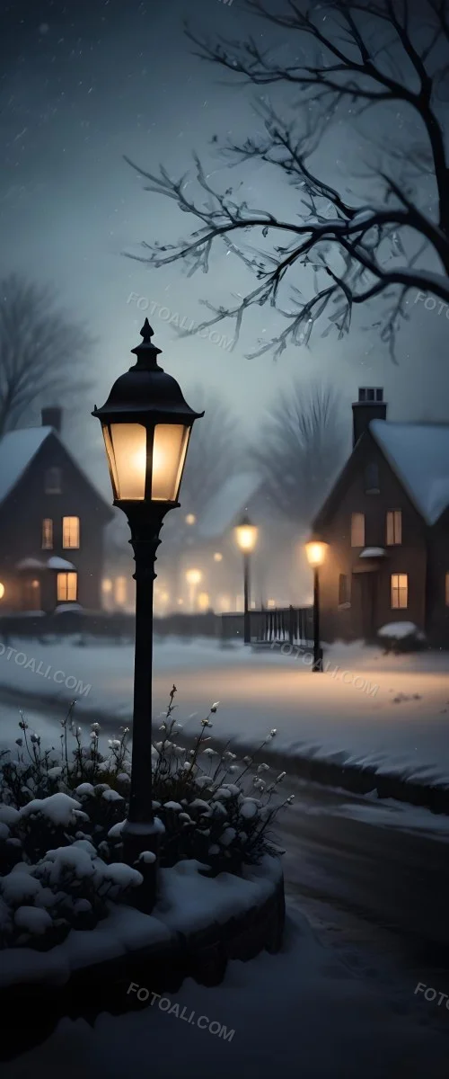 A Snowy Winter Night Scene With A Glowing Street Lamp And Small Flowers In The Foreground Featuring Soft Snowfall And A Quaint Village In The Background 5 B157