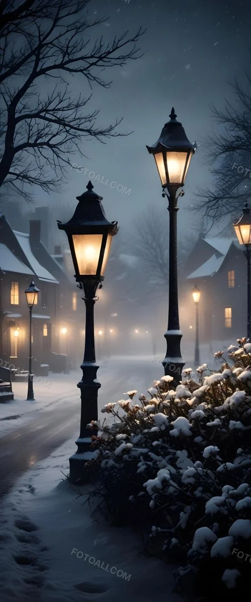 A Snowy Winter Night Scene With A Glowing Street Lamp And Small Flowers In The Foreground Featuring Soft Snowfall And A Quaint Village In The Background 7 86aa