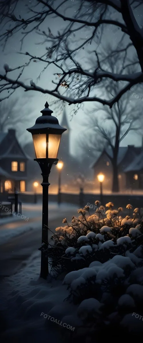 A Snowy Winter Night Scene With A Glowing Street Lamp And Small Flowers In The Foreground Featuring Soft Snowfall And A Quaint Village In The Background 8 56fe