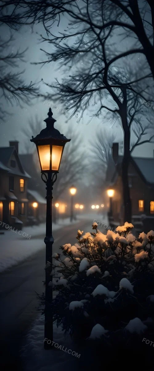 A Snowy Winter Night Scene With A Glowing Street Lamp And Small Flowers In The Foreground Featuring Soft Snowfall And A Quaint Village In The Background 9 04da