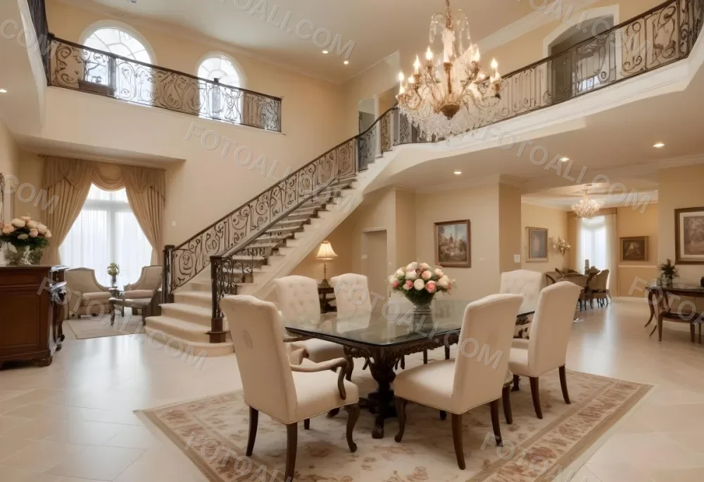 A Spacious And Elegantly Decorated Living Room Featuring A Glass Dining Table Surrounded By Ornate Chairs With Light Colored Upholstery The Room Has Warm Beige Walls And A Chandelier Hanging From The Ceiling In The Back 10 898e