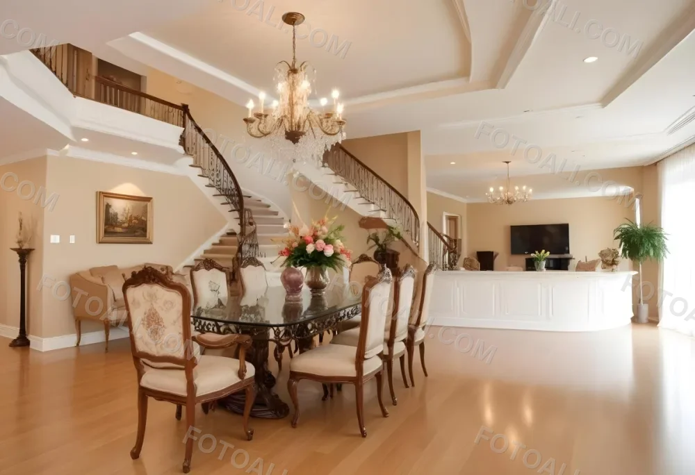 A Spacious And Elegantly Decorated Living Room Featuring A Glass Dining Table Surrounded By Ornate Chairs With Light Colored Upholstery The Room Has Warm Beige Walls And A Chandelier Hanging From The Ceiling In The Back 12 A98e