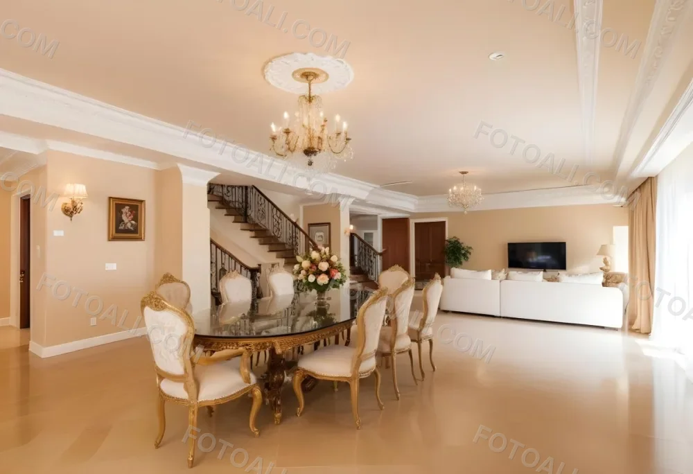 A Spacious And Elegantly Decorated Living Room Featuring A Glass Dining Table Surrounded By Ornate Chairs With Light Colored Upholstery The Room Has Warm Beige Walls And A Chandelier Hanging From The Ceiling In The Back 14 4fc2