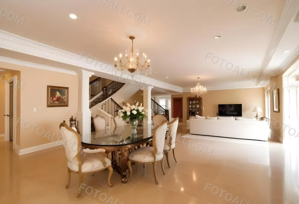 A Spacious And Elegantly Decorated Living Room Featuring A Glass Dining Table Surrounded By Ornate Chairs With Light Colored Upholstery The Room Has Warm Beige Walls And A Chandelier Hanging From The Ceiling In The Back 15 27e7