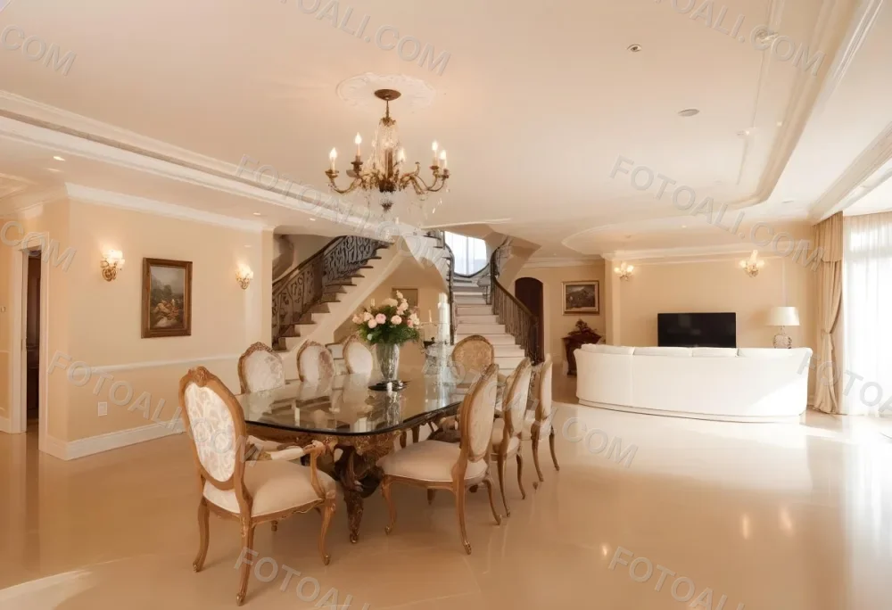 A Spacious And Elegantly Decorated Living Room Featuring A Glass Dining Table Surrounded By Ornate Chairs With Light Colored Upholstery The Room Has Warm Beige Walls And A Chandelier Hanging From The Ceiling In The Back 16 89d7