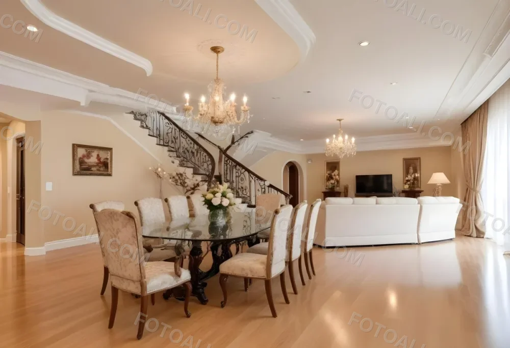 A Spacious And Elegantly Decorated Living Room Featuring A Glass Dining Table Surrounded By Ornate Chairs With Light Colored Upholstery The Room Has Warm Beige Walls And A Chandelier Hanging From The Ceiling In The Back 18 6b49