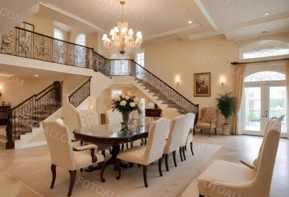 A Spacious And Elegantly Decorated Living Room Featuring A Glass Dining Table Surrounded By Ornate Chairs With Light Colored Upholstery The Room Has Warm Beige Walls And A Chandelier Hanging From The Ceiling In The Back 19 607a