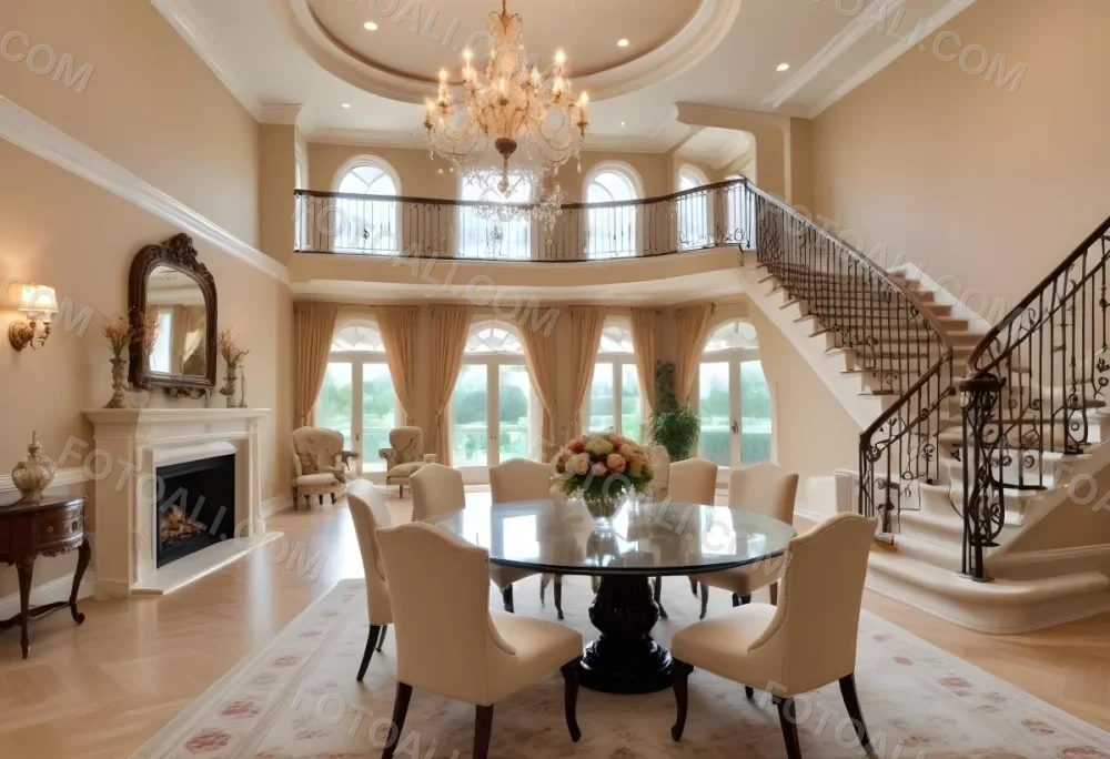 A Spacious And Elegantly Decorated Living Room Featuring A Glass Dining Table Surrounded By Ornate Chairs With Light Colored Upholstery The Room Has Warm Beige Walls And A Chandelier Hanging From The Ceiling In The Back 3 9e09