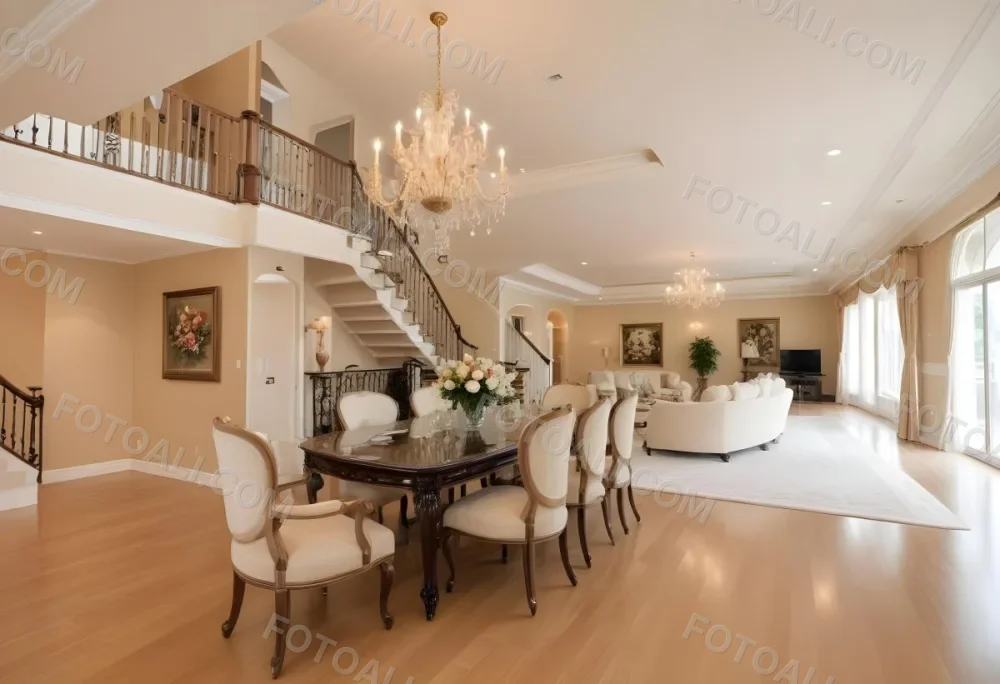 A Spacious And Elegantly Decorated Living Room Featuring A Glass Dining Table Surrounded By Ornate Chairs With Light Colored Upholstery The Room Has Warm Beige Walls And A Chandelier Hanging From The Ceiling In The Back 7 0e98